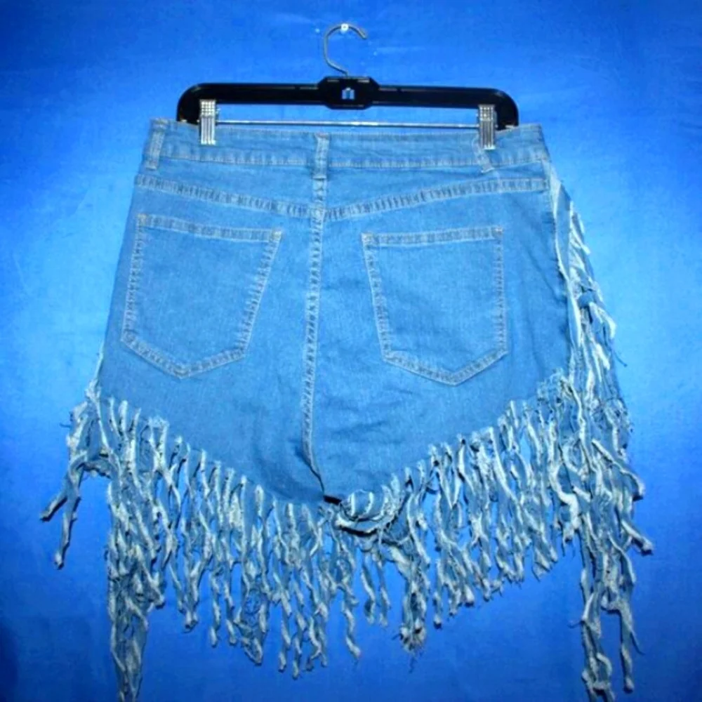 Shein Curve Fringe Denim Shorts Blue 1XL